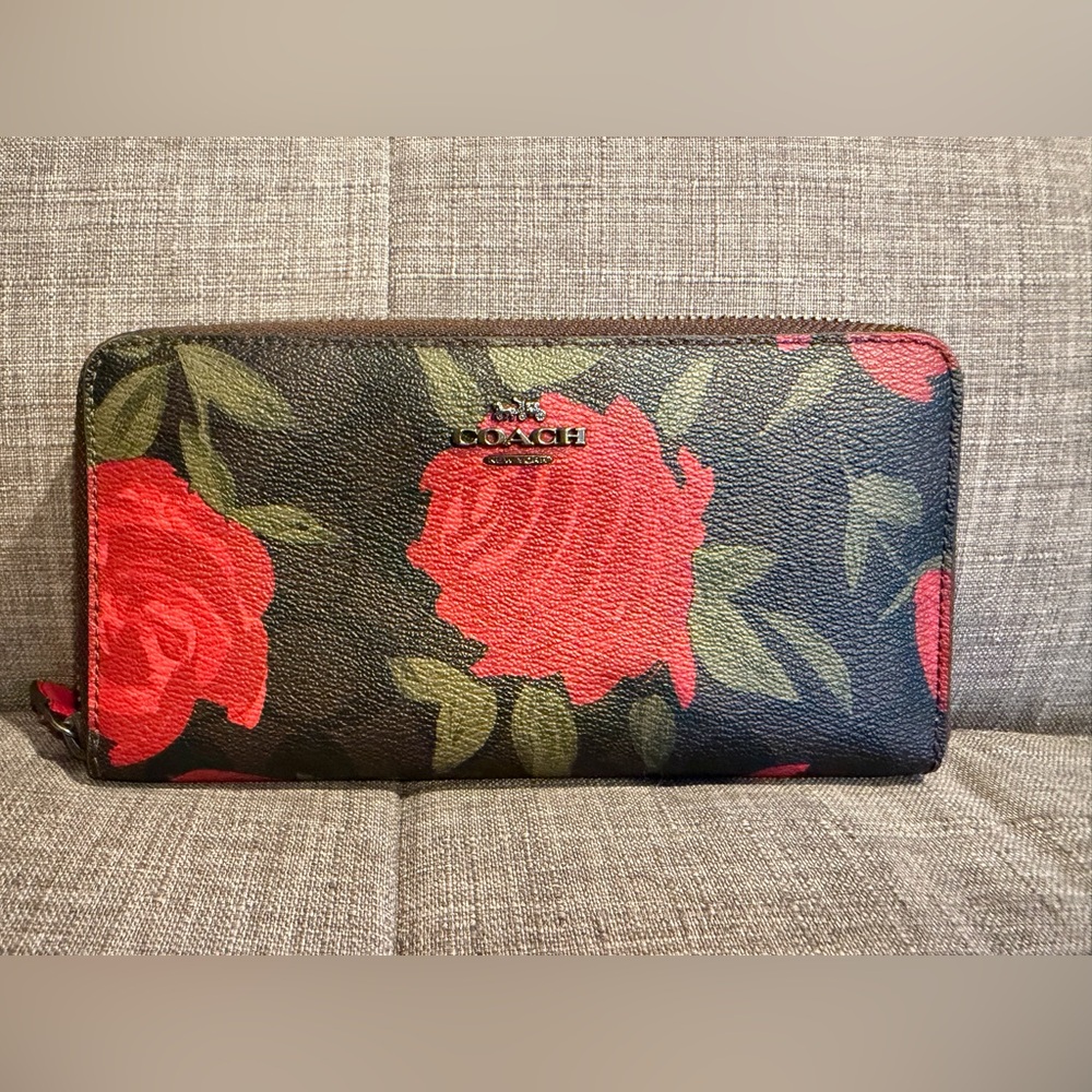Coach Black Leather Zip Wallet with Red Rose Print